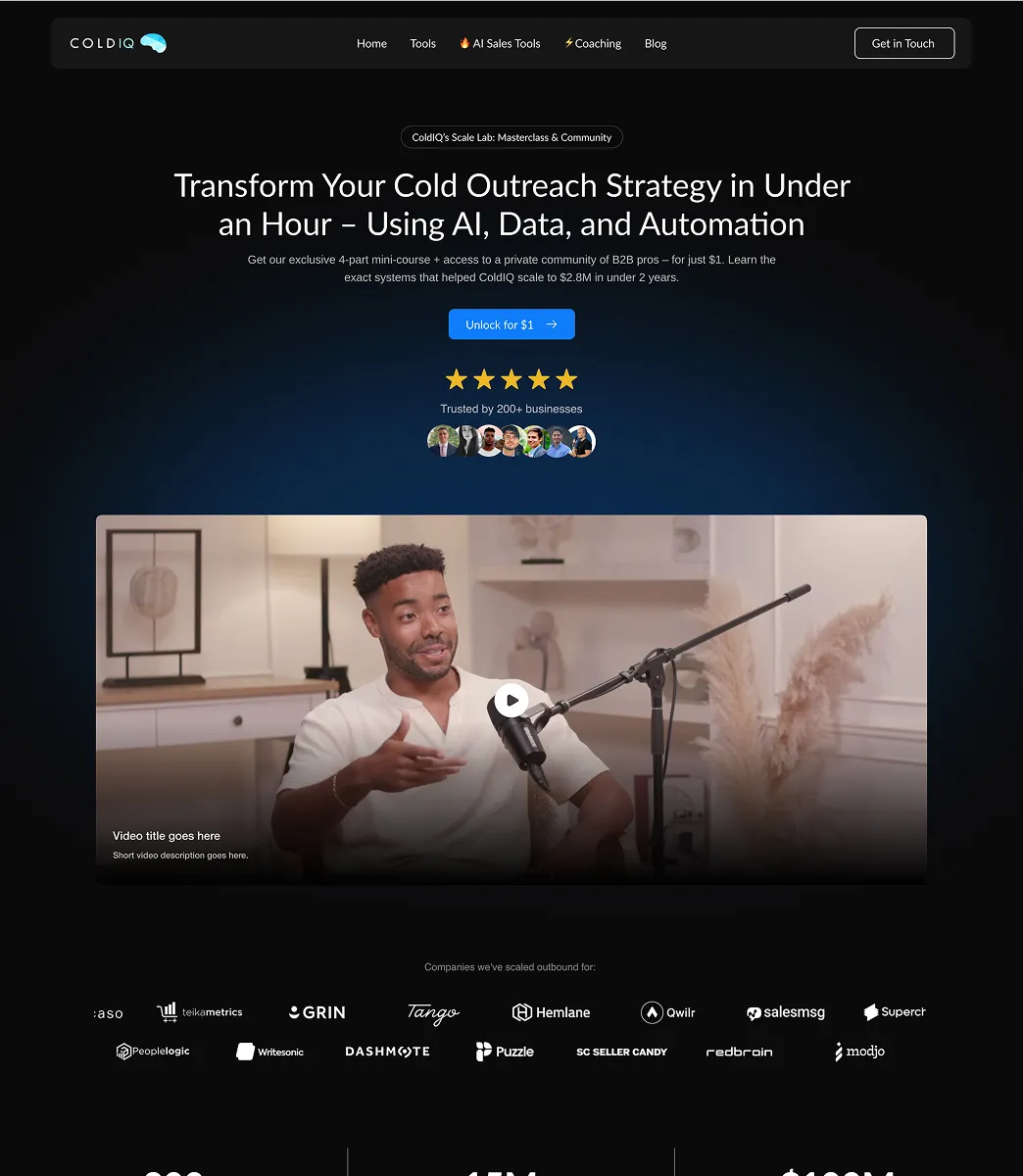 ColdIQ website homepage featuring a man speaking into a microphone for a video, promoting a cold outreach strategy mini-course using AI, data, and automation.