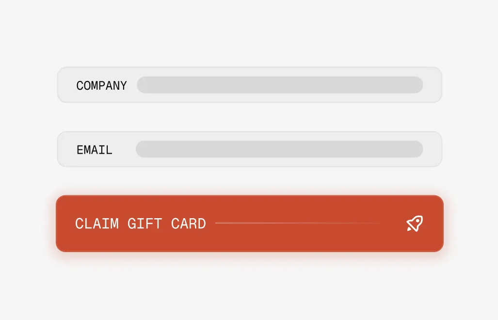 User interface with input fields labeled Company and Email, and an orange button labeled Claim Gift Card with a rocket icon.