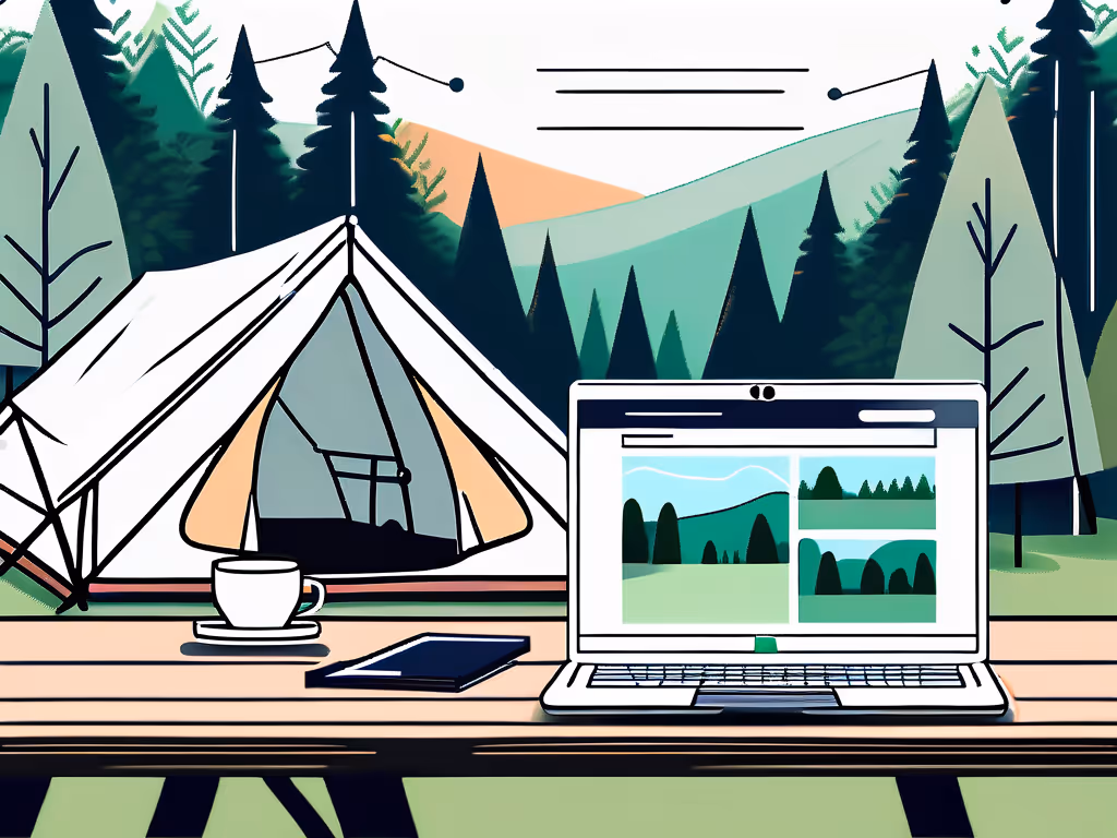 A remote work setup with a laptop, coffee, and a notebook on a wooden table outside a tent in a forested mountain campsite.