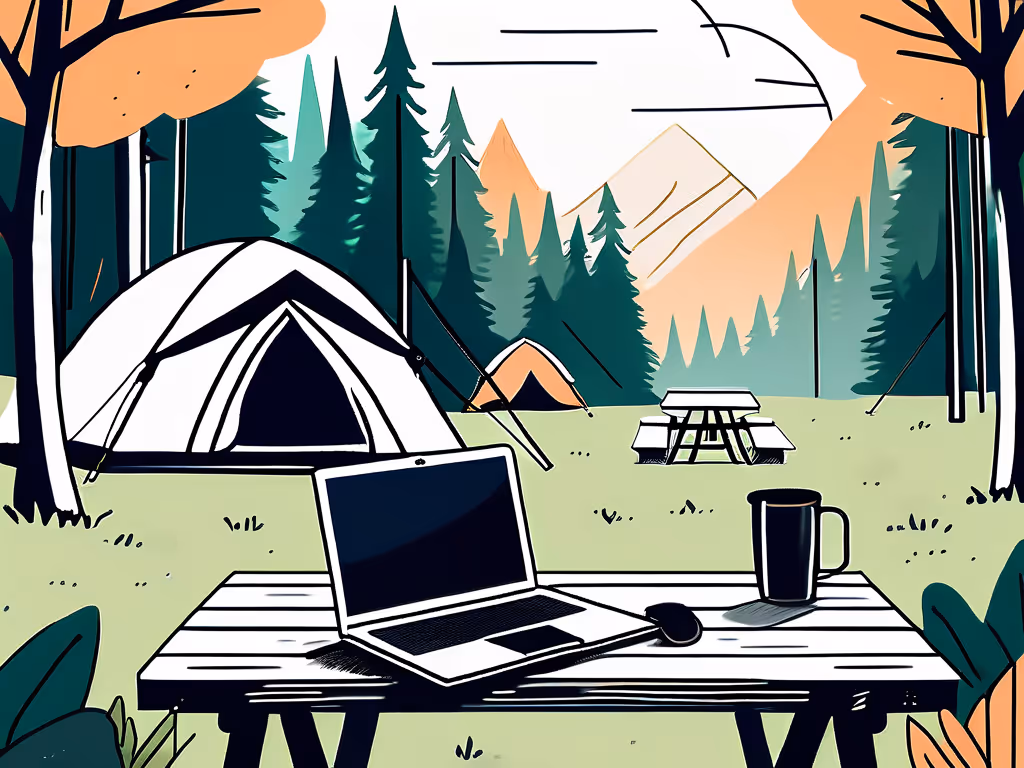 An outdoor workspace at a campsite, with a laptop, coffee mug, and tent, surrounded by trees and mountains.