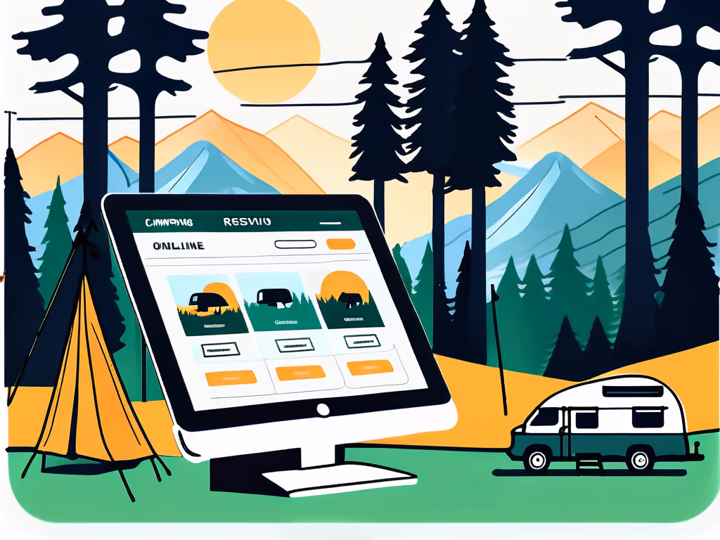 A computer screen showing an online camping reservation system, set in a scenic outdoor campsite with tents, an RV, and mountains.
