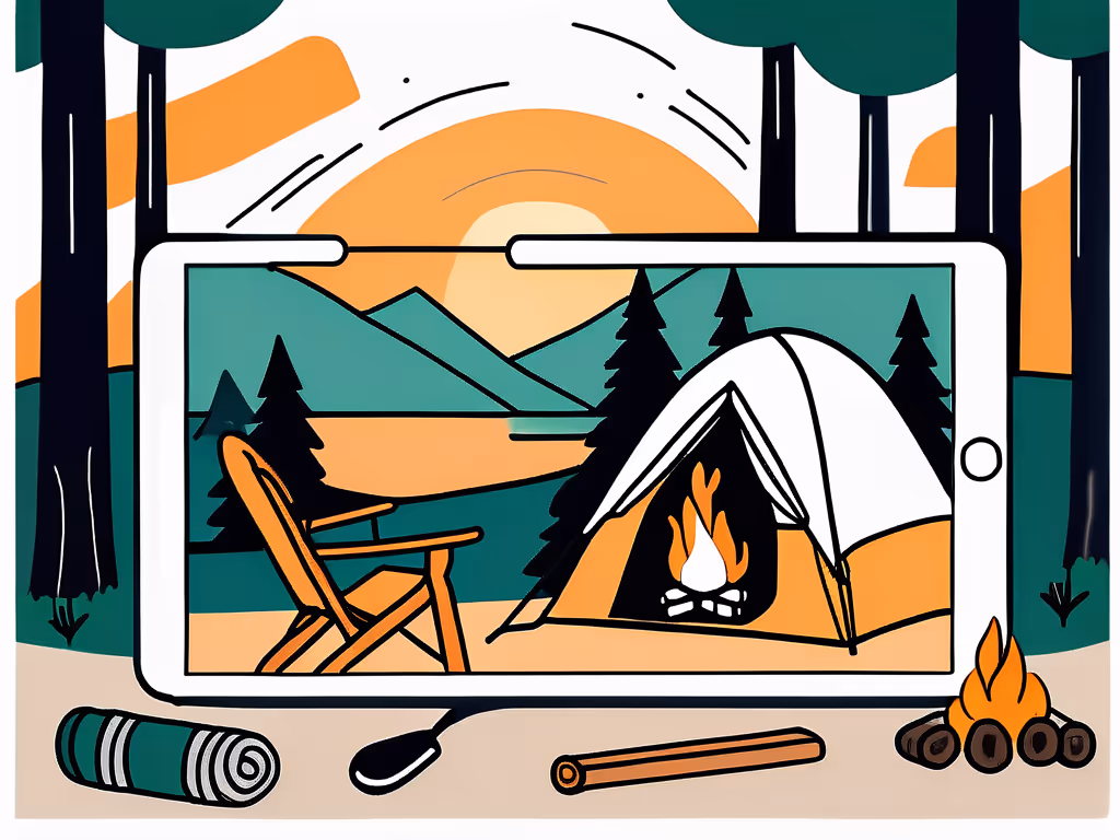 A digital tablet framing a campsite with a tent, fire, and chair, set against mountains and a sunset in the background.