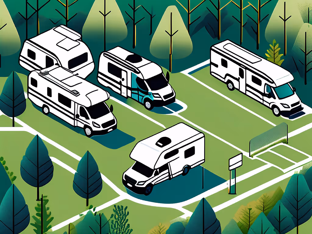 A forested RV campsite with several motorhomes parked on grassy lots, featuring a small soccer goal and a peaceful wooded setting.