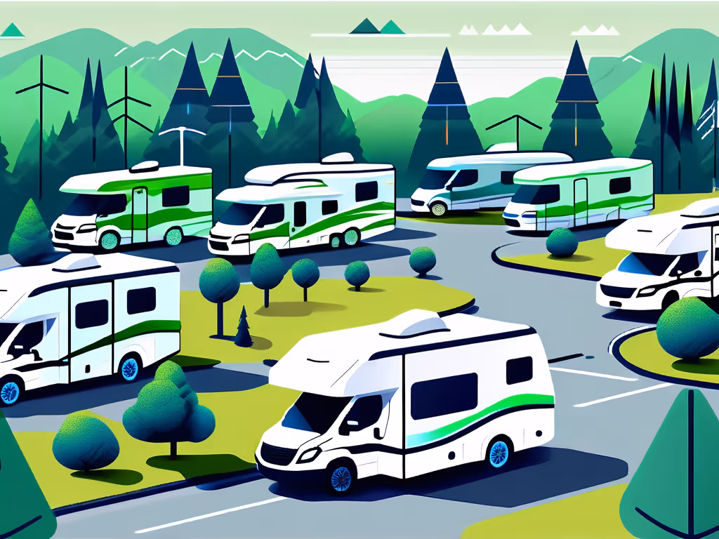 A circular RV park with multiple campers parked along curved roads, surrounded by greenery, mountains, and small trees.