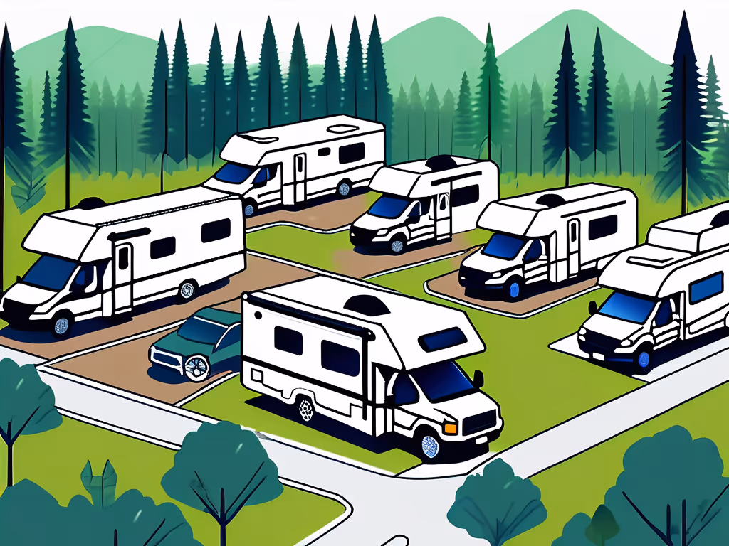 A neatly arranged RV campground with multiple motorhomes parked in designated spots, surrounded by green hills and tall pine trees.