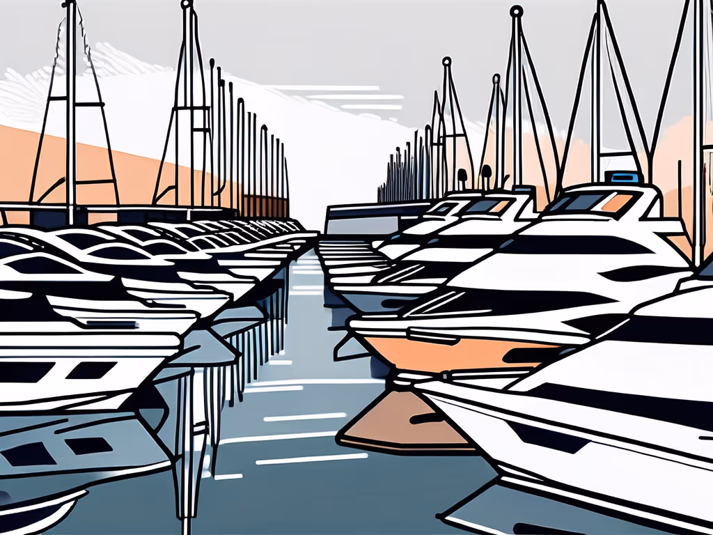 Rows of yachts and sailboats docked at a marina, stretching into the distance, with a misty mountain backdrop.