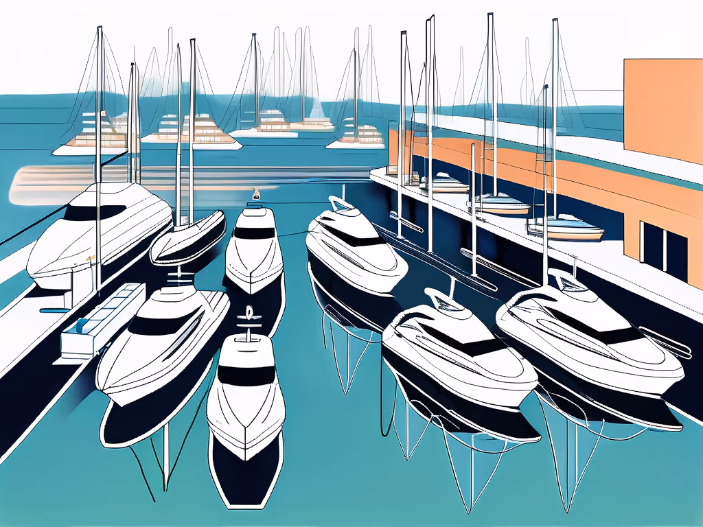 A marina with various yachts and sailboats docked along piers, featuring modern waterfront buildings and clear blue waters.