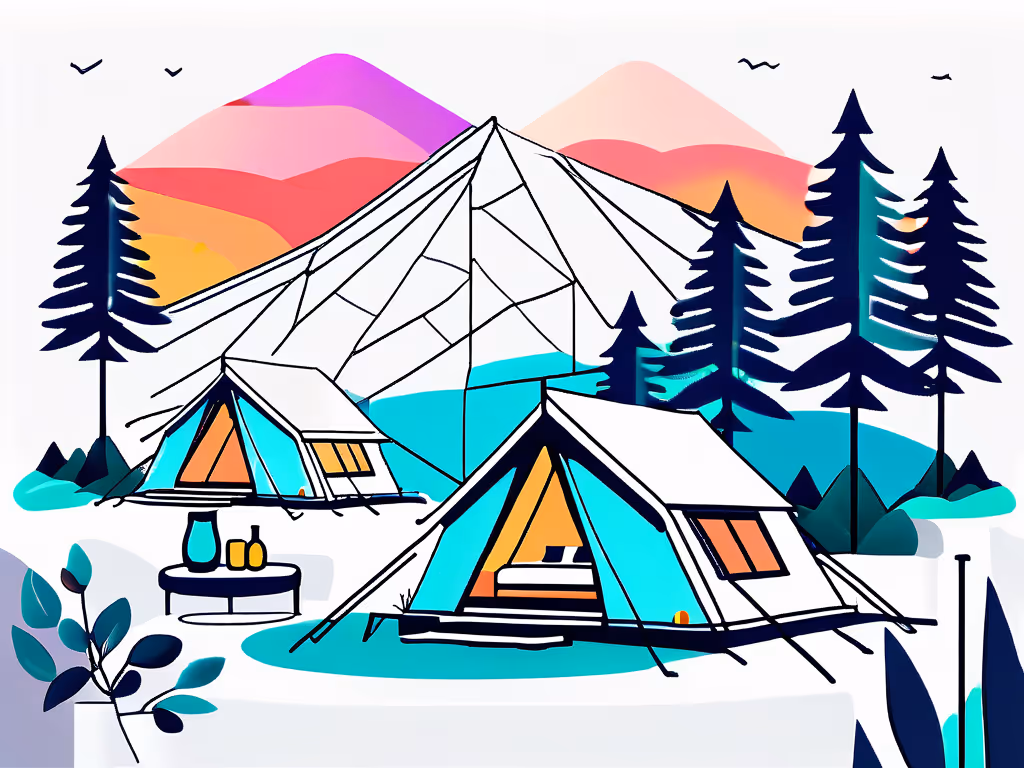 Two glamping tents with cozy seating, set in a vibrant mountain landscape with colorful skies and tall pine trees.