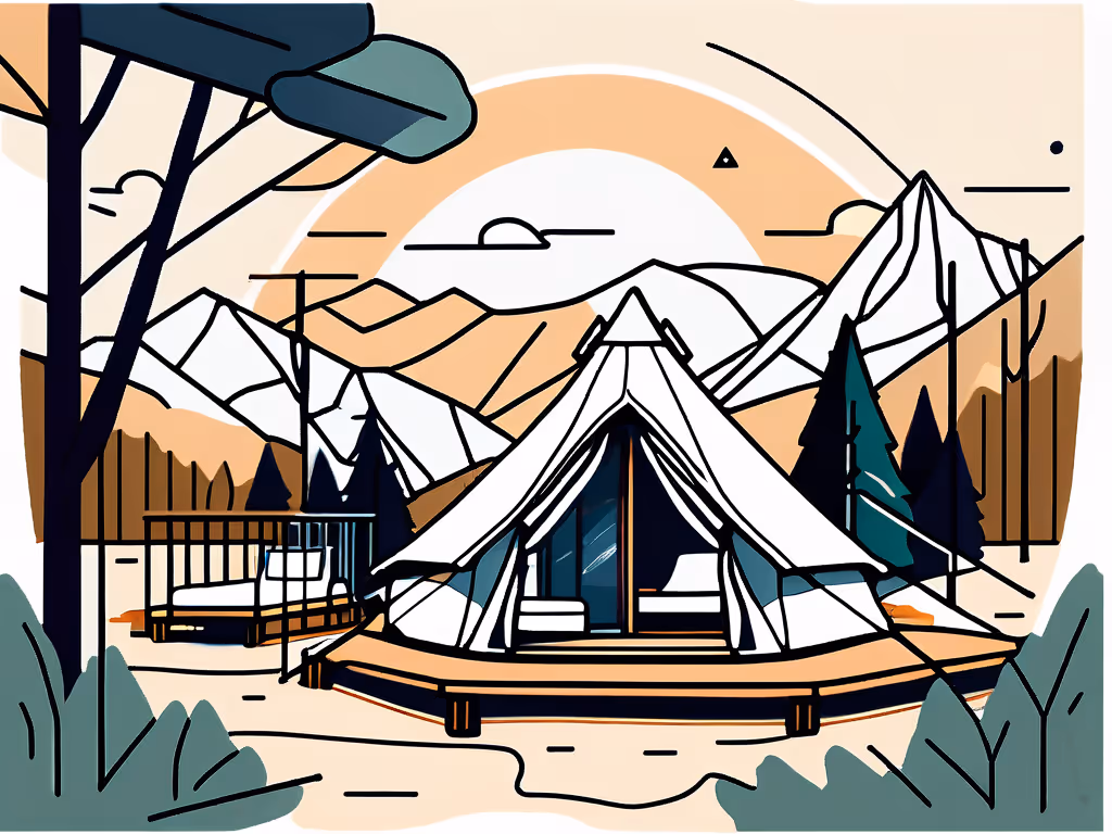 A luxury glamping tent on a wooden deck with outdoor seating, set against a mountain landscape at sunrise.