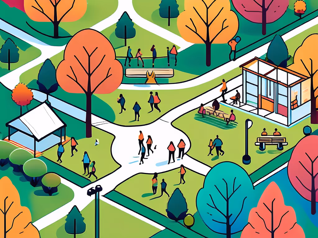 People walking and interacting in a colorful park with abstract trees, pathways, benches, and a small modern building. The setting is vibrant and lively with various group activities.