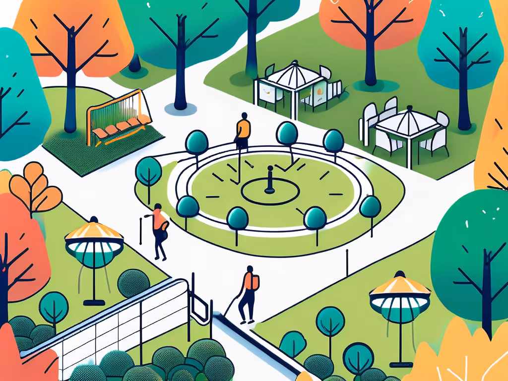 People walk and relax in a vibrant park with colorful trees, benches, paths, and outdoor seating areas, creating a lively, scenic environment.