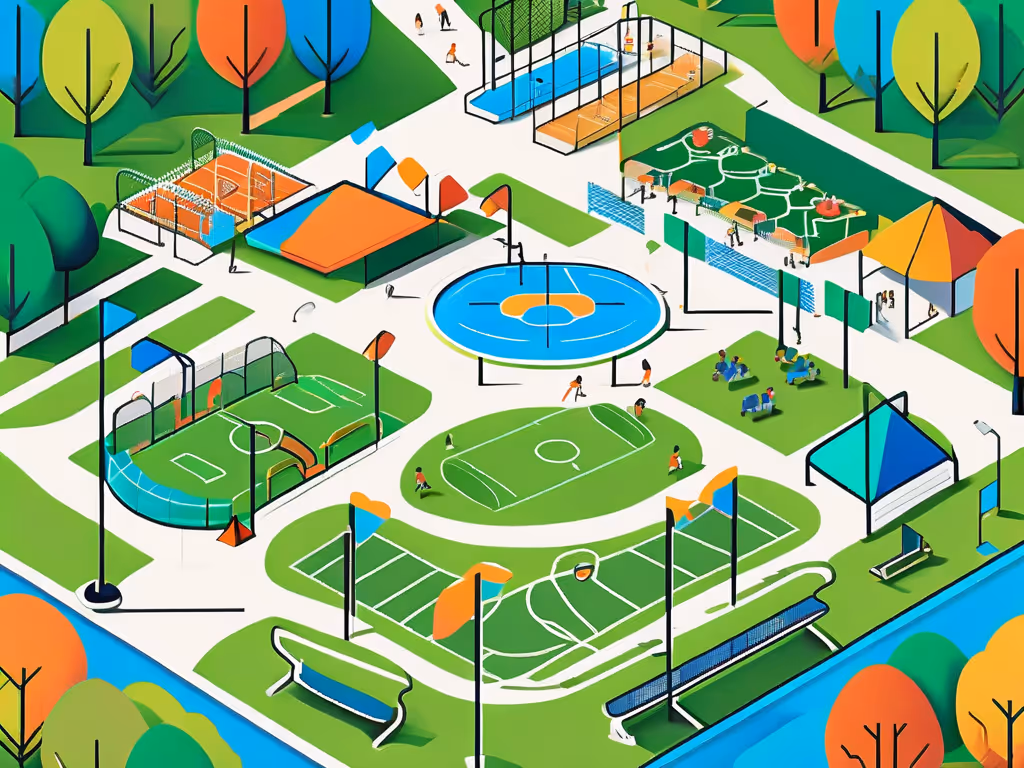 A vibrant park features sports courts, children playing on fields, brightly colored trees, people relaxing on benches, and children using playground equipment, creating a lively recreational environment.