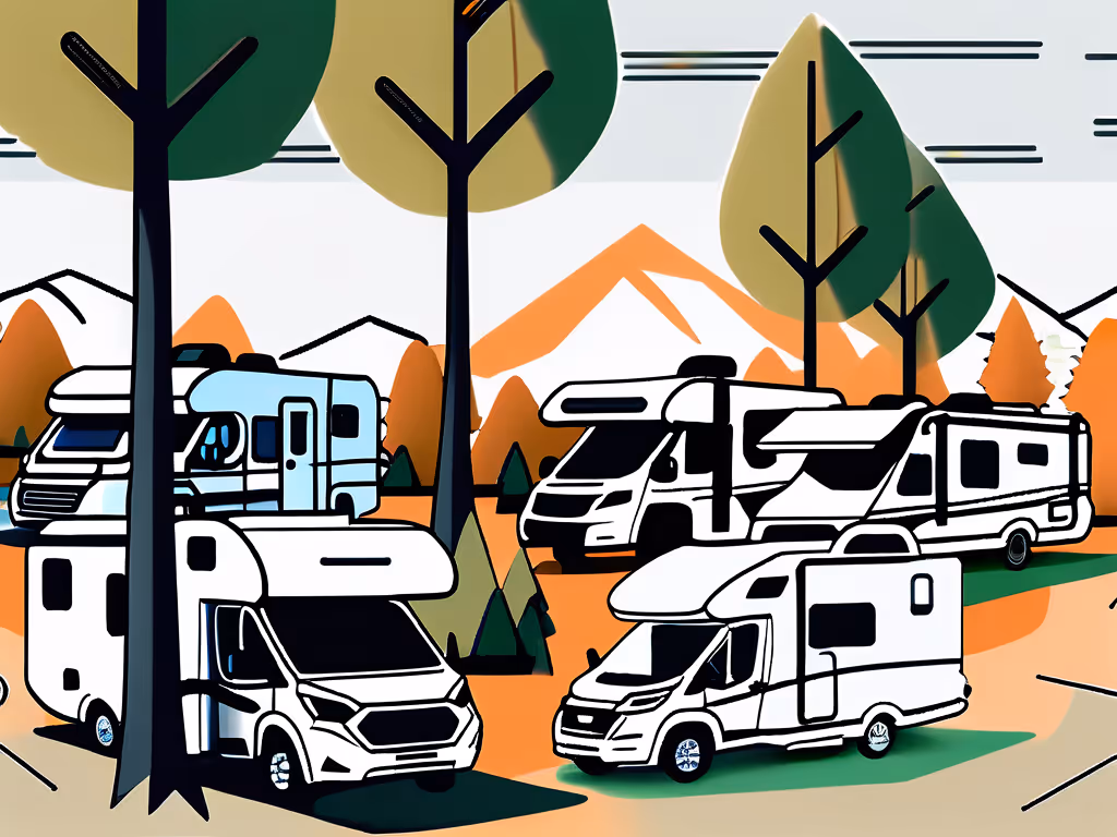 RVs parked among stylized trees, surrounded by mountains under a cloudy sky, creating a serene camping scene.