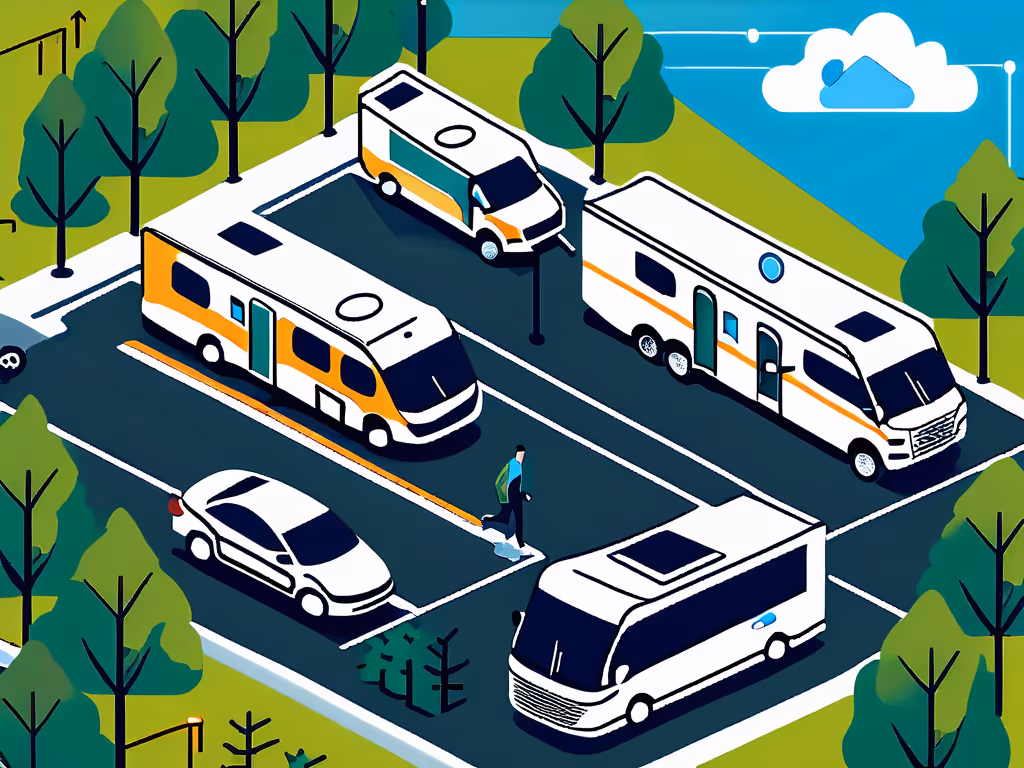 RVs park in a lot with one man walking on a crosswalk. The setting features trees and a bright, stylized sky with a cloud icon in the background.