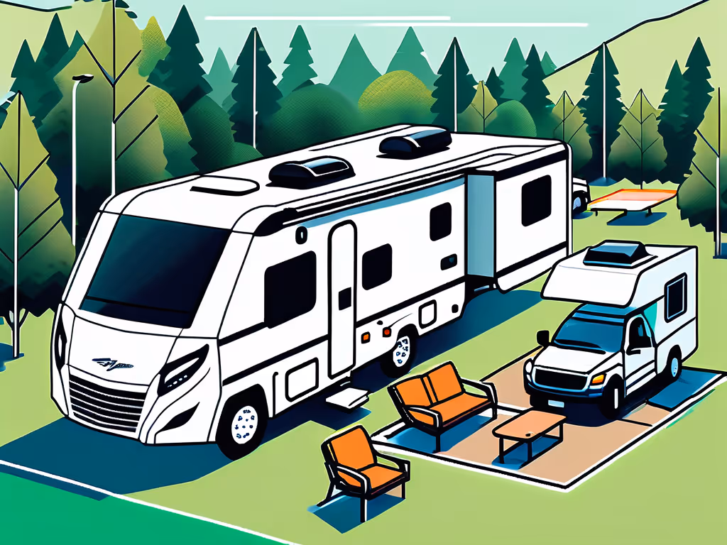 A large camper and smaller RV are parked beside each other. Outdoor chairs and a table are arranged nearby on a mat. Surrounding are tall trees and grassy areas.