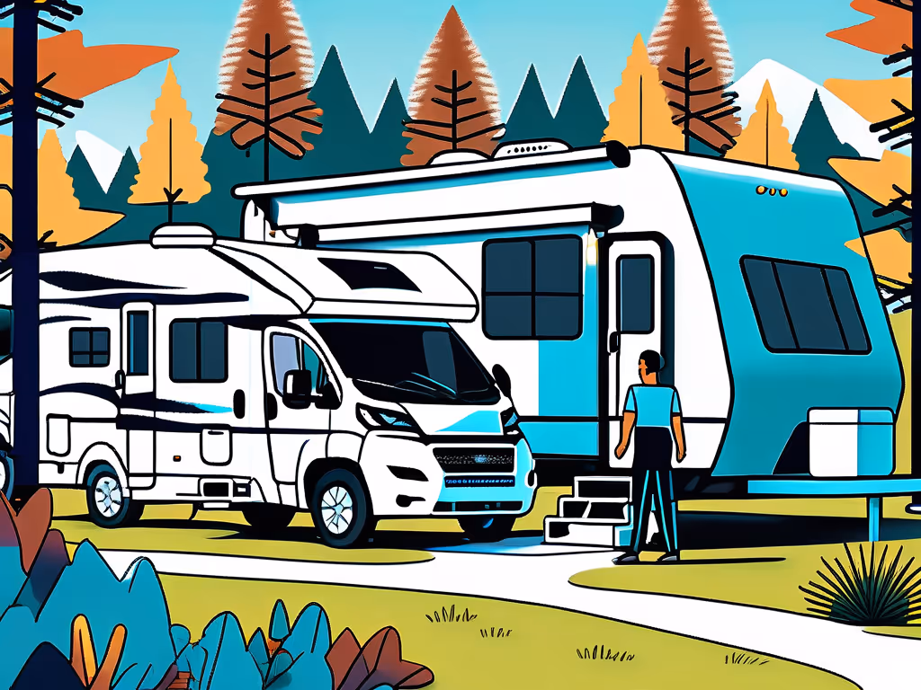 An illustration shows an RV parked beside a trailer in a forested campsite. A person stands between them, surrounded by colorful trees and mountains in the background.