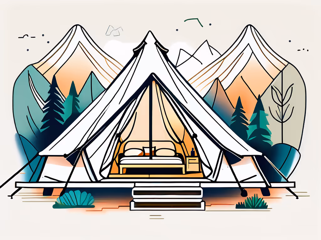 A tent stands open, revealing a cozy bed inside, set against a backdrop of stylized mountains and pine trees, suggesting a tranquil, outdoor camping environment.
