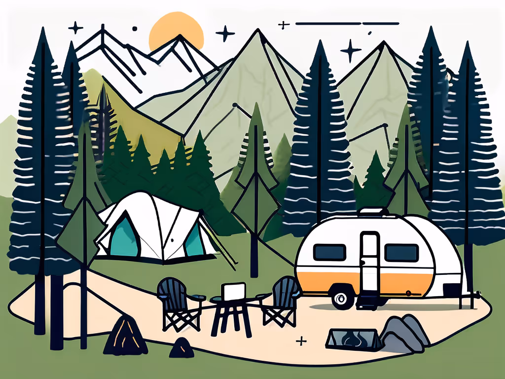 A camper and tent are set up among tall evergreen trees, with mountains and a sun in the background, creating a peaceful outdoor camping scene.