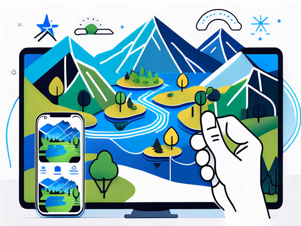 A hand interacts with a stylized digital landscape on a monitor, featuring mountains and trees. A smartphone displays a similar scene, suggesting technological connection and creativity.