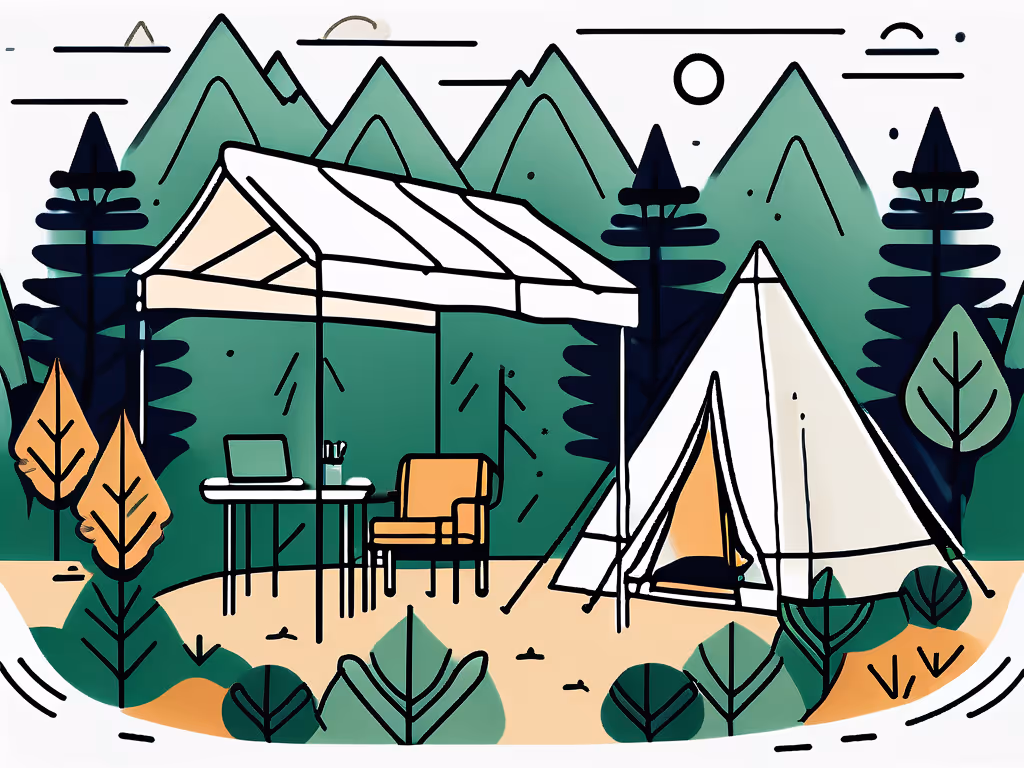 A tent and canopy stand amidst a lush forest. Under the canopy, a table holds a laptop and mug, next to an orange chair. Mountains rise in the background.