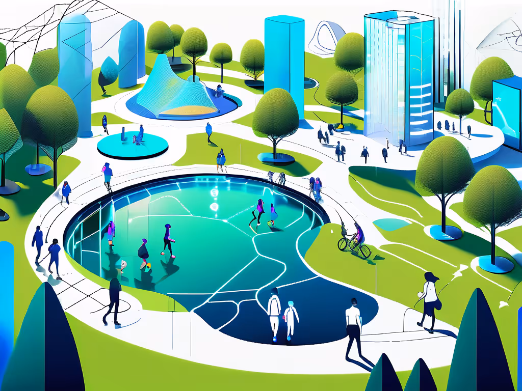 People walk and cycle around a futuristic park with geometric buildings, circular paths, and a reflective pool. Trees dot the area, creating a vibrant, green public space.