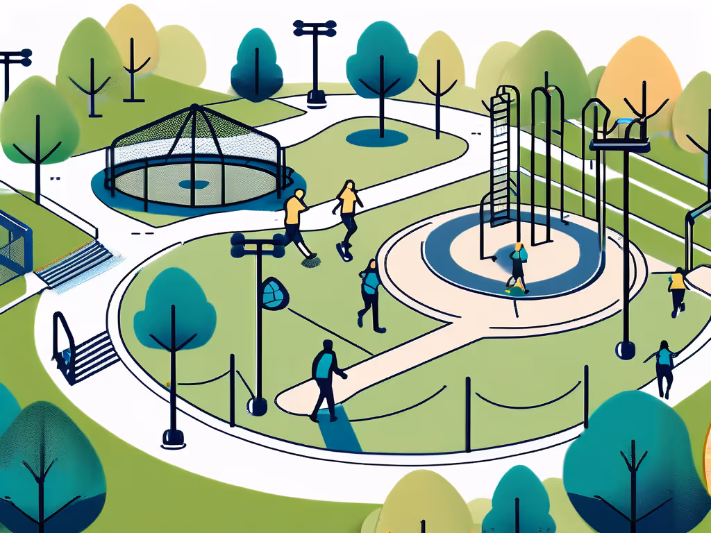 People engage in activities at a park, featuring climbing structures, a trampoline area, pathways, and surrounded by stylized trees and benches.