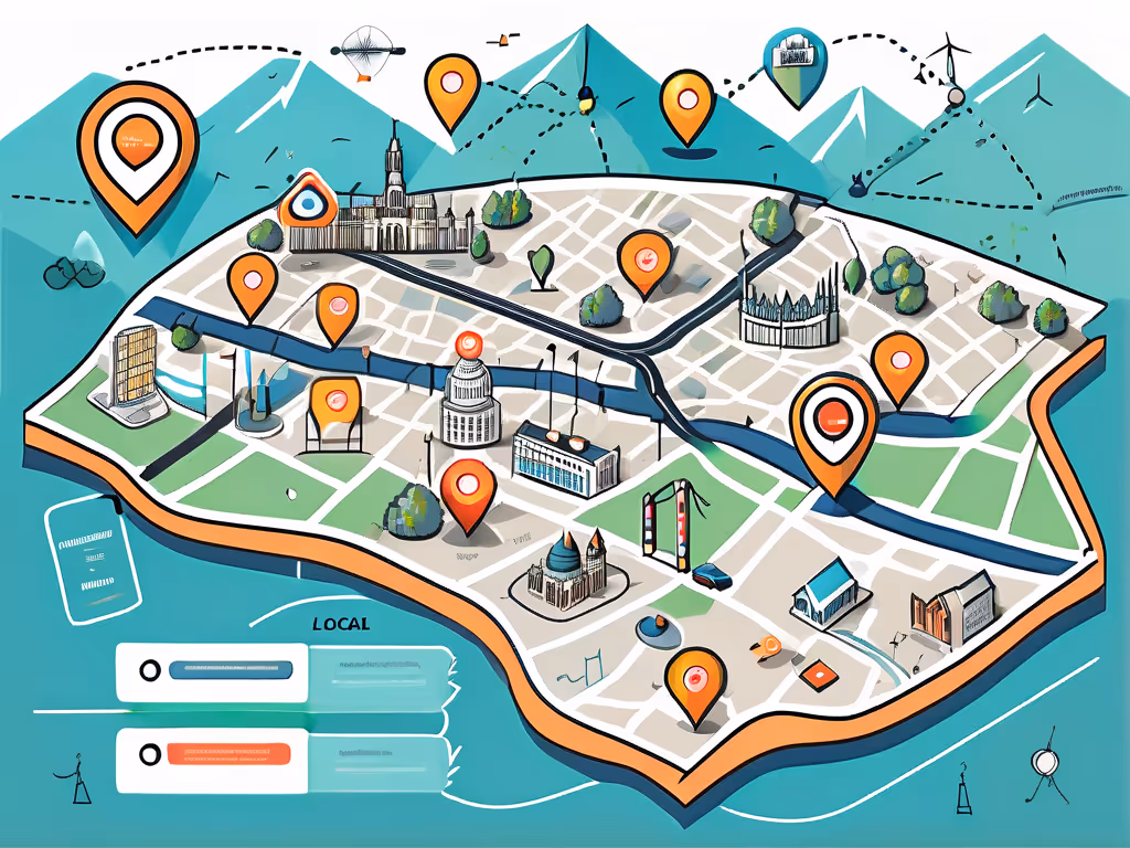 A colorful illustrated map features prominent landmarks and orange location markers throughout a city layout with roads, buildings, and a river. Mountains and technology icons decorate the background. Text: "LOCAL".