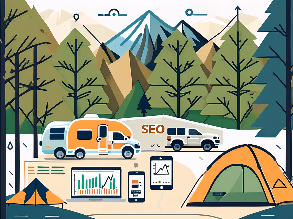 Camper van and SUV are parked among tall trees and mountains, with an orange tent nearby. Digital devices display graphs, and "SEO" is written in the background.