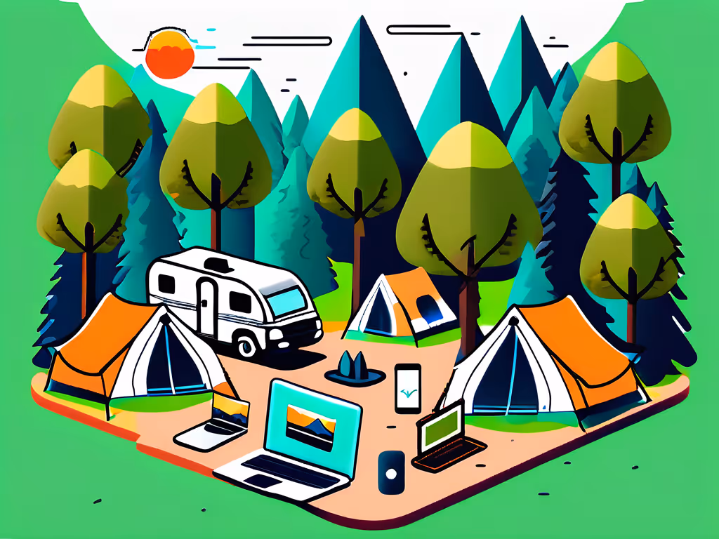 A camper van and tents sit in a forested campsite with laptops and a smartphone nearby, against a backdrop of mountains and a setting sun.