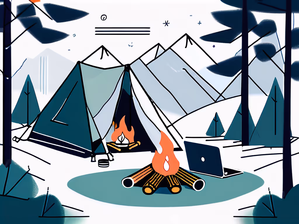 A cozy tent campsite with a laptop and campfire, set against a snowy mountain landscape with tall trees.