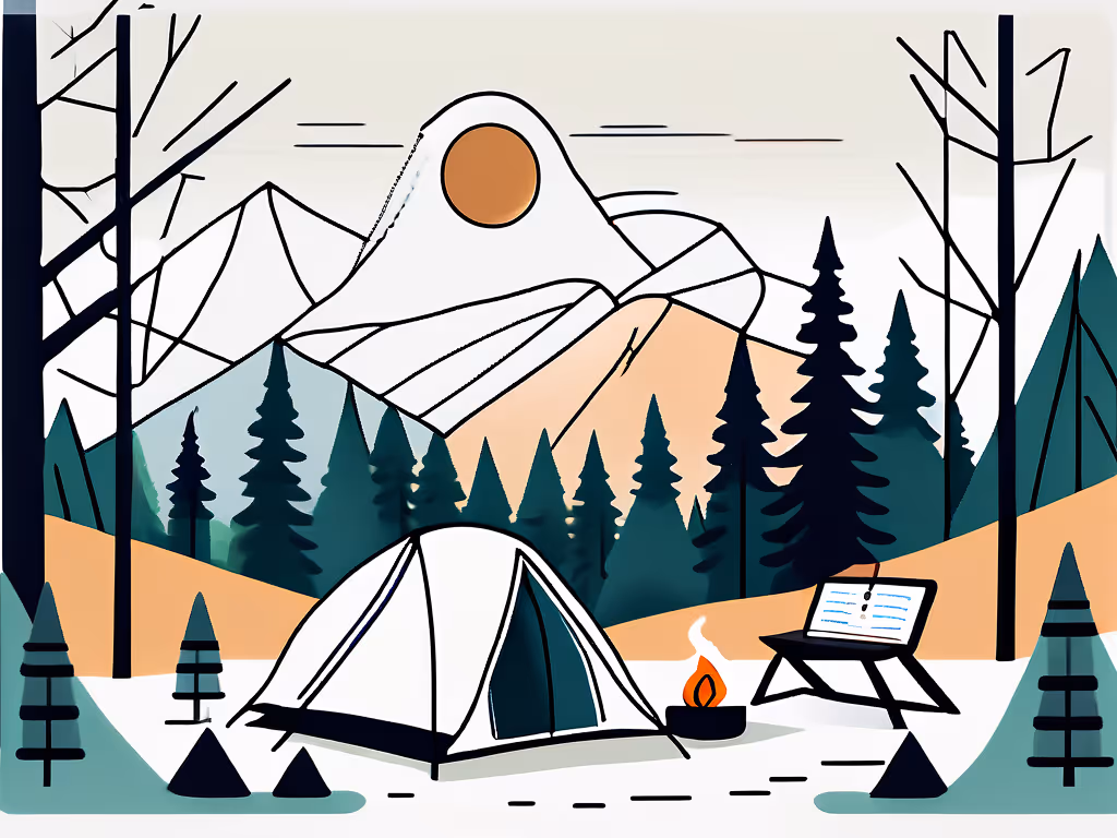 A peaceful mountain campsite with a tent, a campfire, and a wooden desk with an open notebook, surrounded by pine trees.