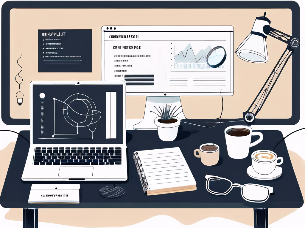 modern workspace with a laptop, desktop, charts, notebooks, coffee cups, and a desk lamp, designed for productivity.