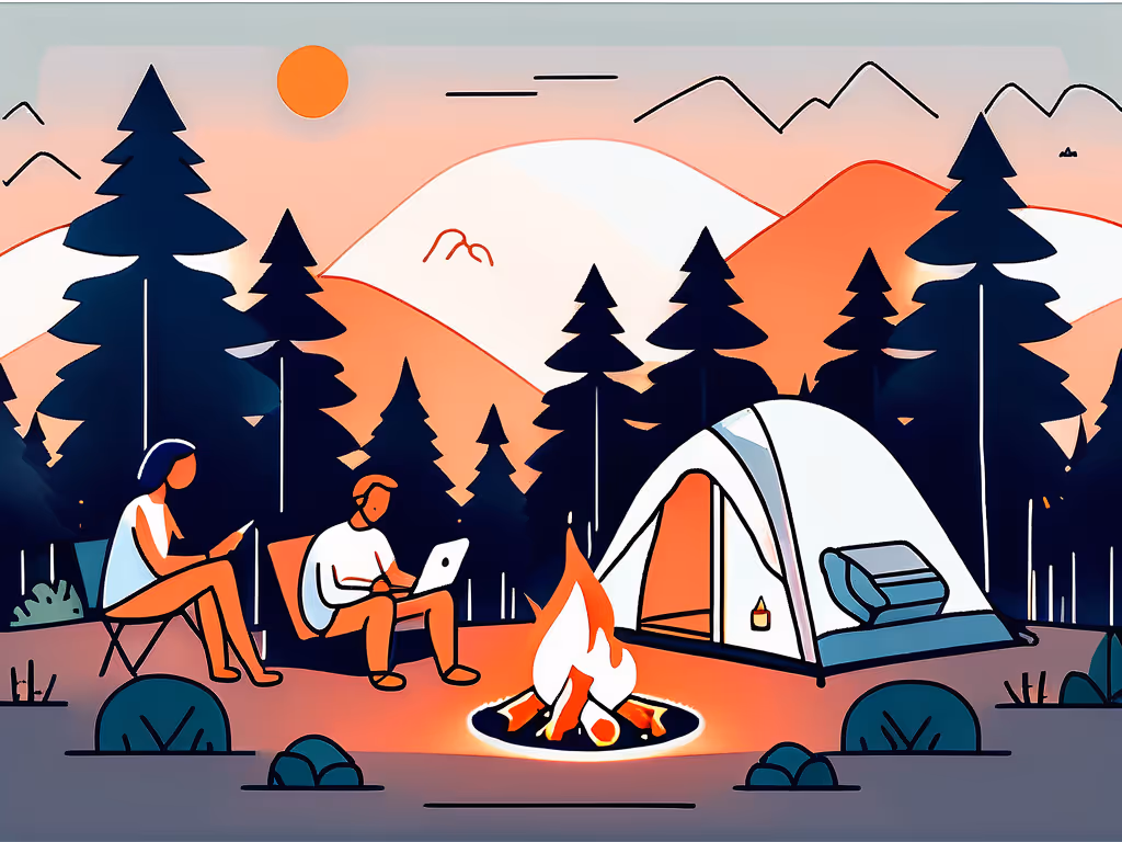 A scenic camping scene with two people sitting around a campfire, one using a laptop and the other reading, in front of a white tent surrounded by tall pine trees and mountains under a sunset sky.