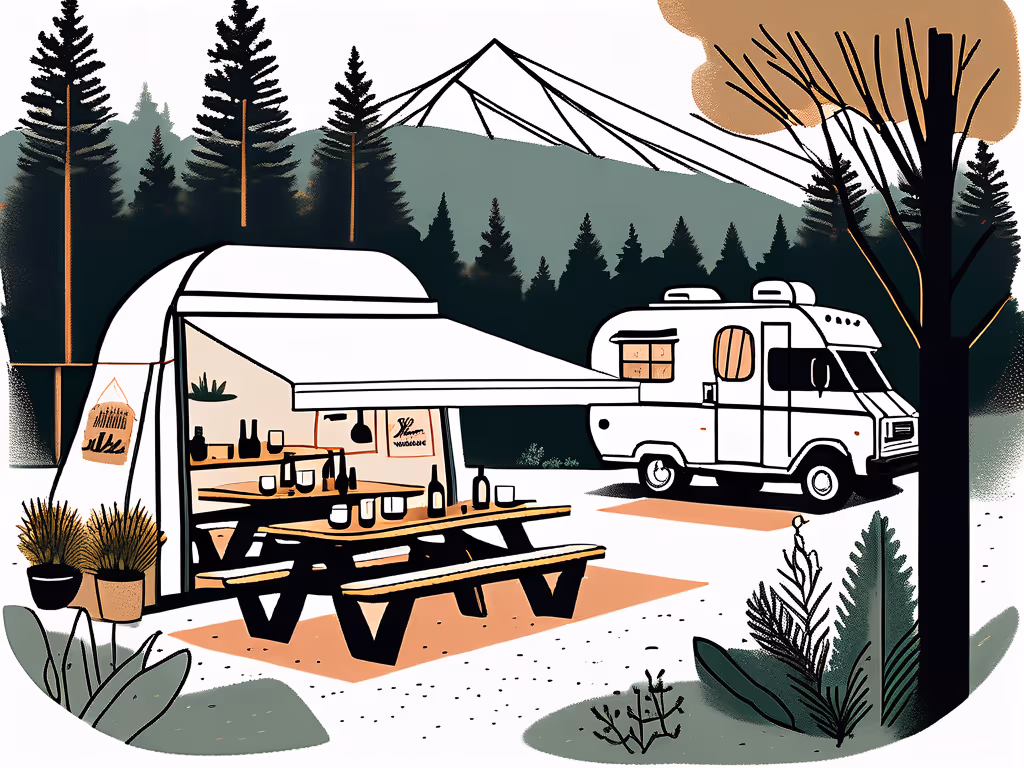 A cozy campsite with a picnic table under a tented awning, a camper van parked nearby, and a forested mountain view.