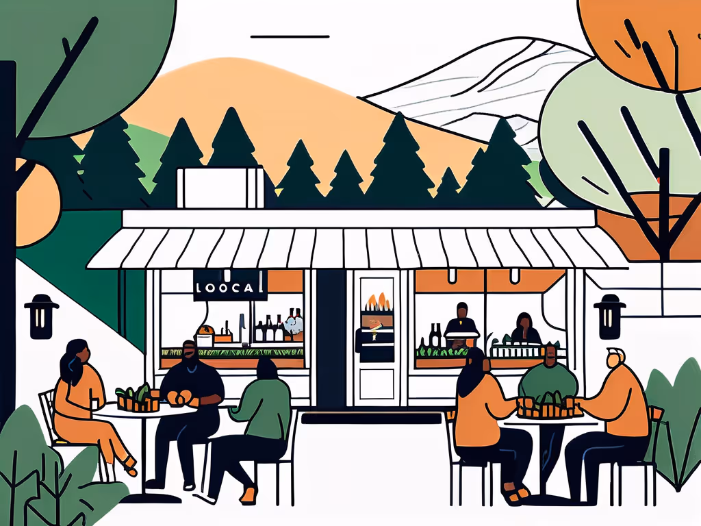 An outdoor café with people dining at tables, set against a scenic mountain and forest backdrop.