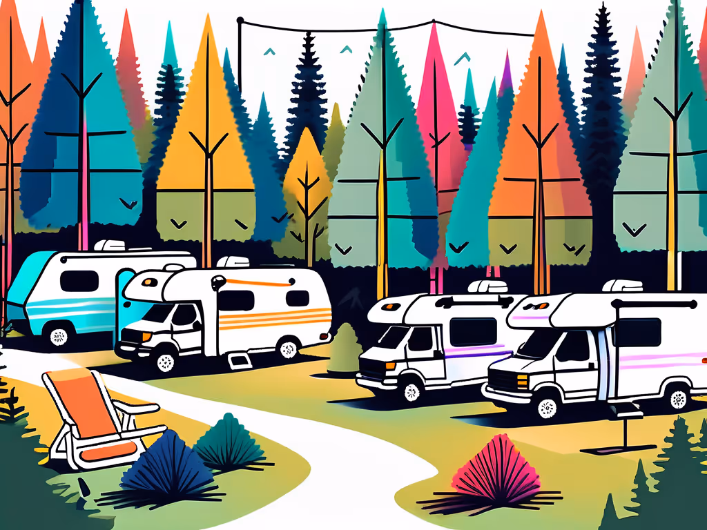 Multiple RVs parked along a winding path in a colorful forested campground, with a lounge chair set up for relaxation.