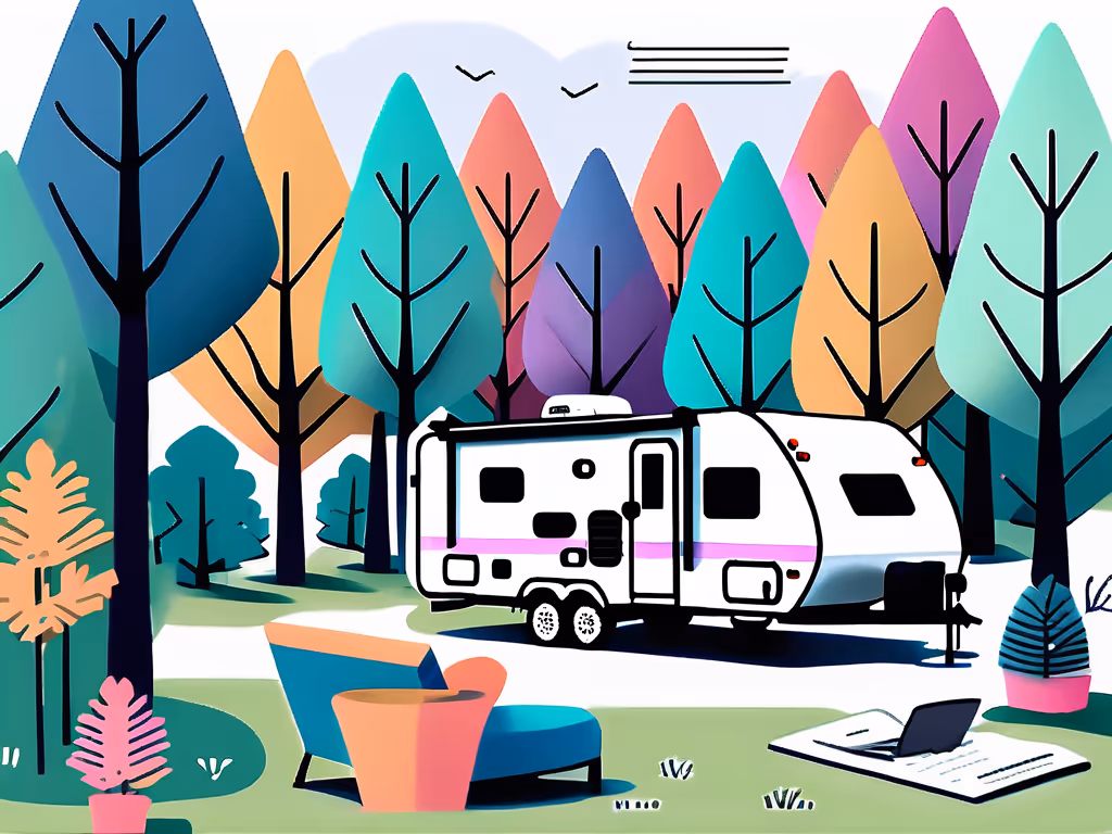 A modern camper parked in a colorful forest with chairs, a laptop, and a notebook set up outside, creating a peaceful work-friendly campsite.