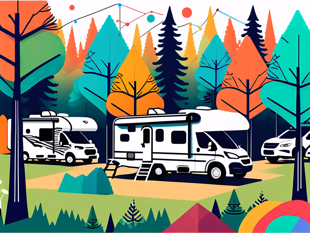 Two RVs parked in a vibrant forest campsite with string lights above, surrounded by colorful trees and additional vehicles in the background.