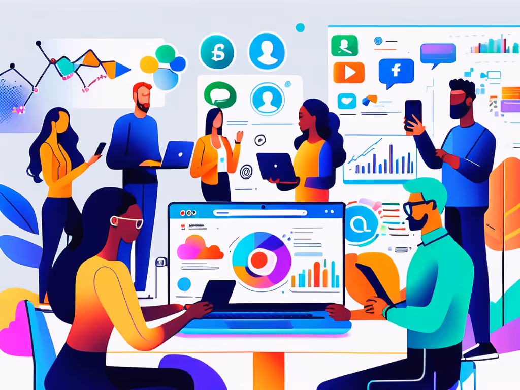 A diverse group of people in a digital marketing workspace, collaborating with laptops and smartphones, surrounded by social media and analytics icons.