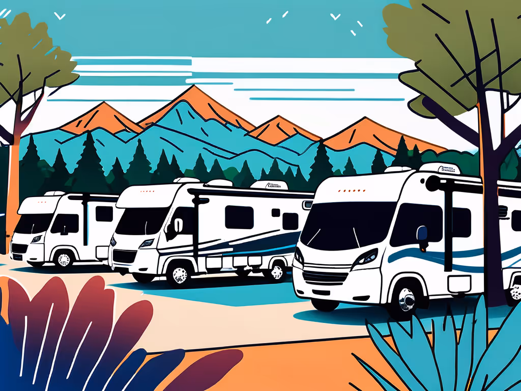 Three RVs parked in a scenic campground with a backdrop of orange mountains, green pine trees, and a bright blue sky.
