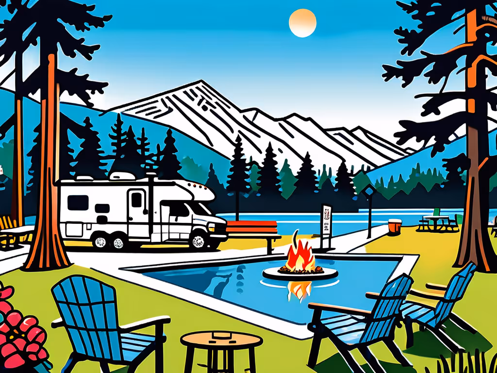 A luxurious campground with an RV parked near a poolside fire pit, surrounded by Adirondack chairs, a picnic table, and a mountain lake view.