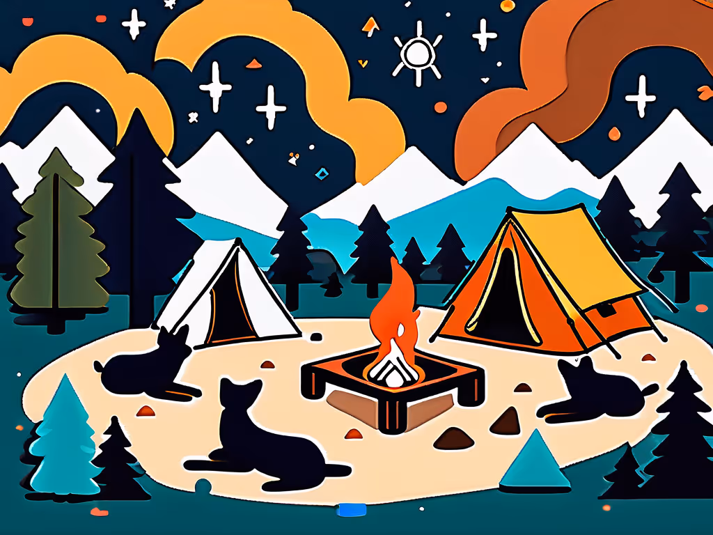 A cozy campsite with two tents, a fire pit, and silhouetted animals, set in a mountain forest under a colorful night sky.