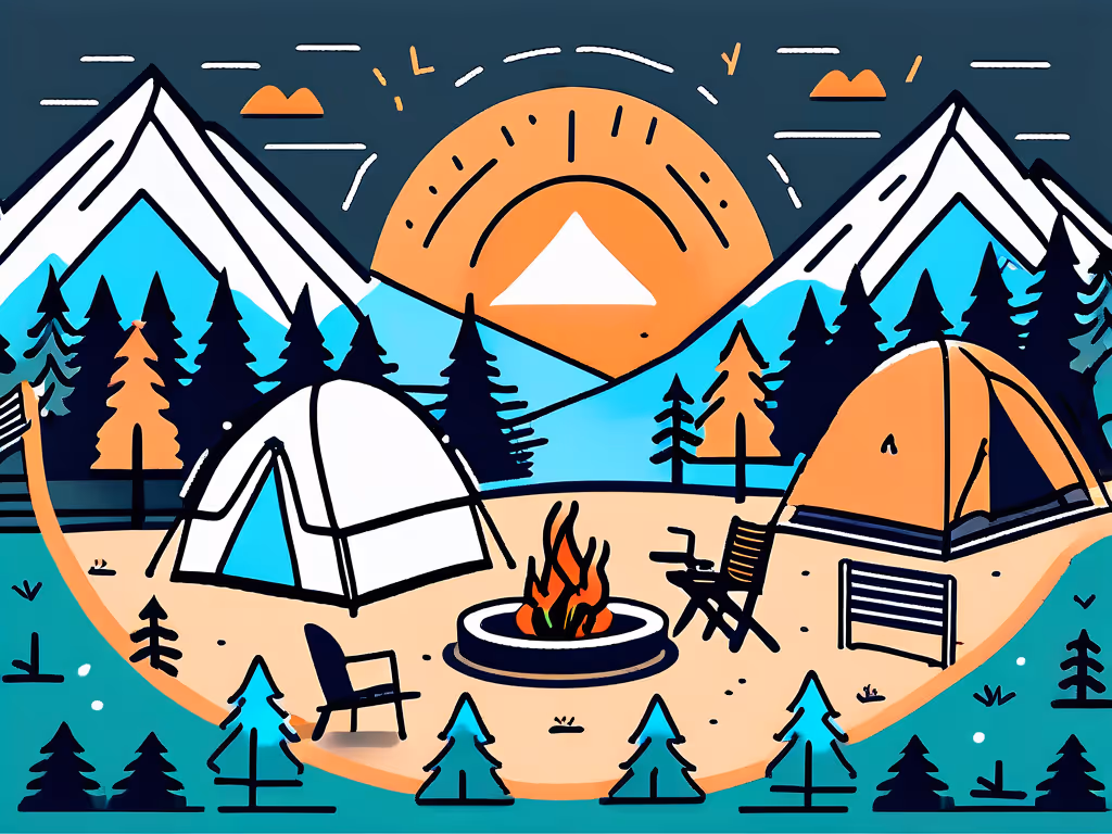 A mountain campsite with tents, a fire pit, and chairs, surrounded by pine trees, with the sun setting behind the peaks.