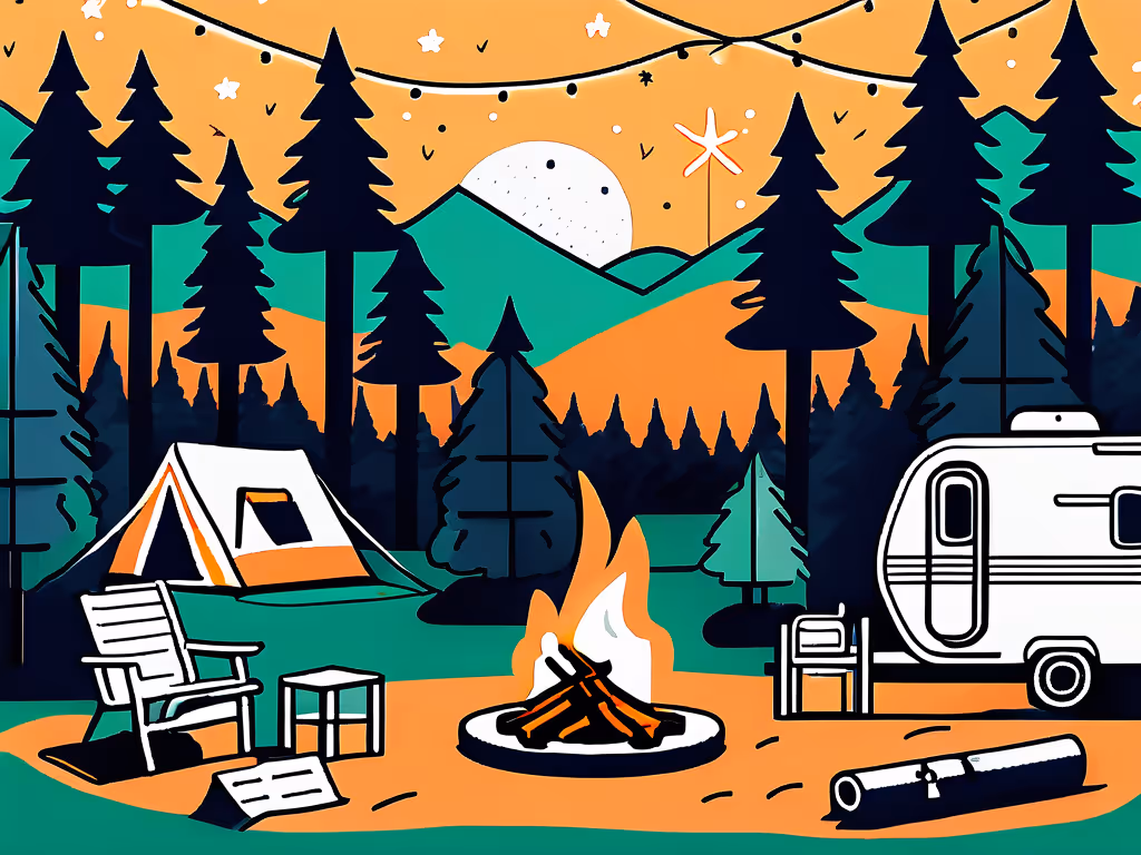 A cozy campsite with a tent, camper, campfire, and chairs in a forested area under string lights, with mountains and a moon in the background.