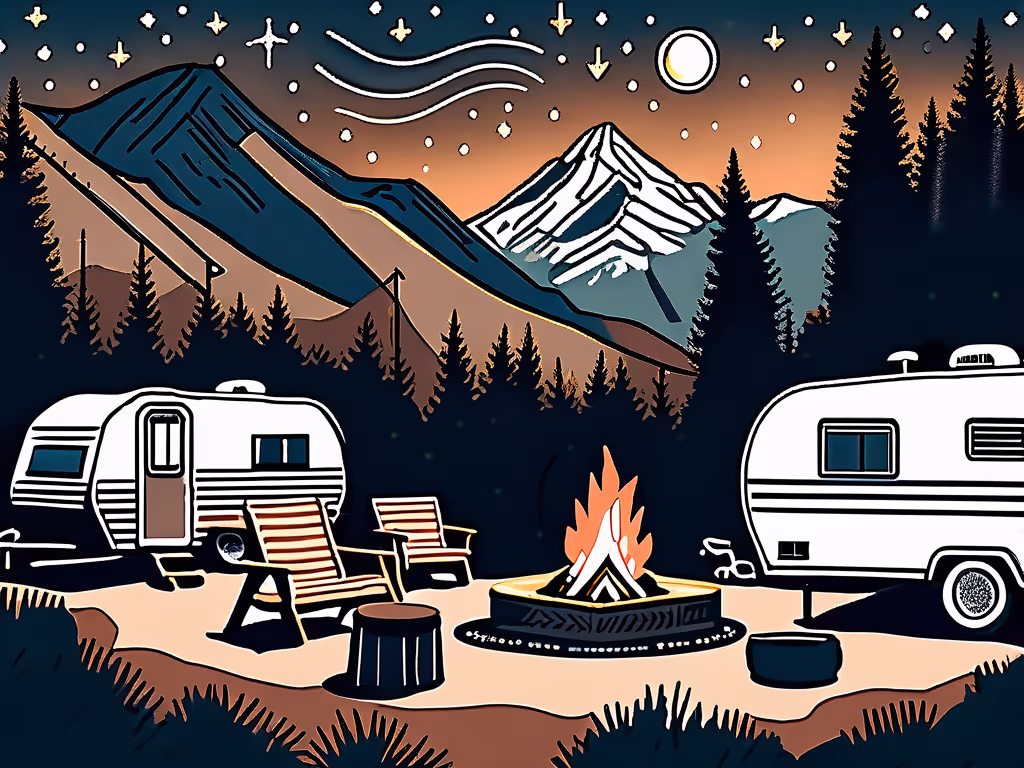 Two campers parked near a fire pit with Adirondack chairs, set in a forested mountain landscape under a starry night sky.