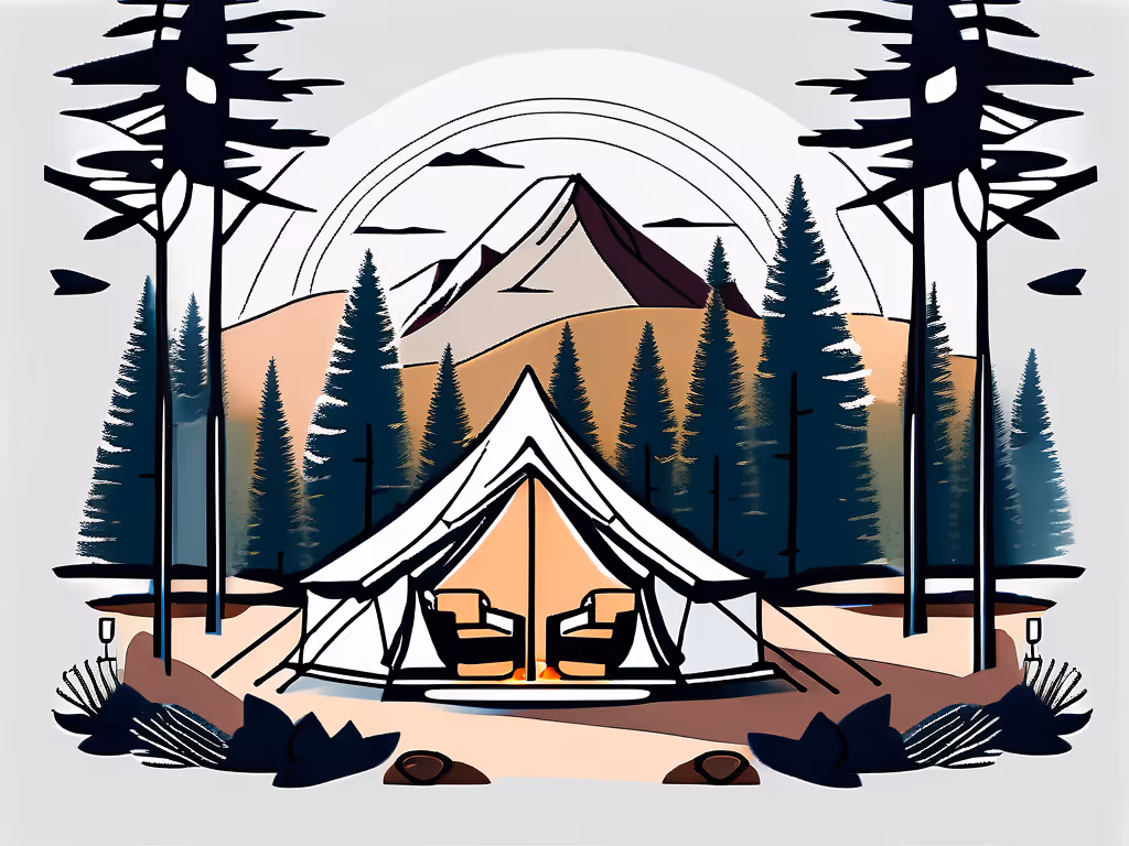 A tent nestled in a forest with tall, dark trees surrounds it; a mountain rises in the background under an arching rainbow, creating a serene camping scene.
