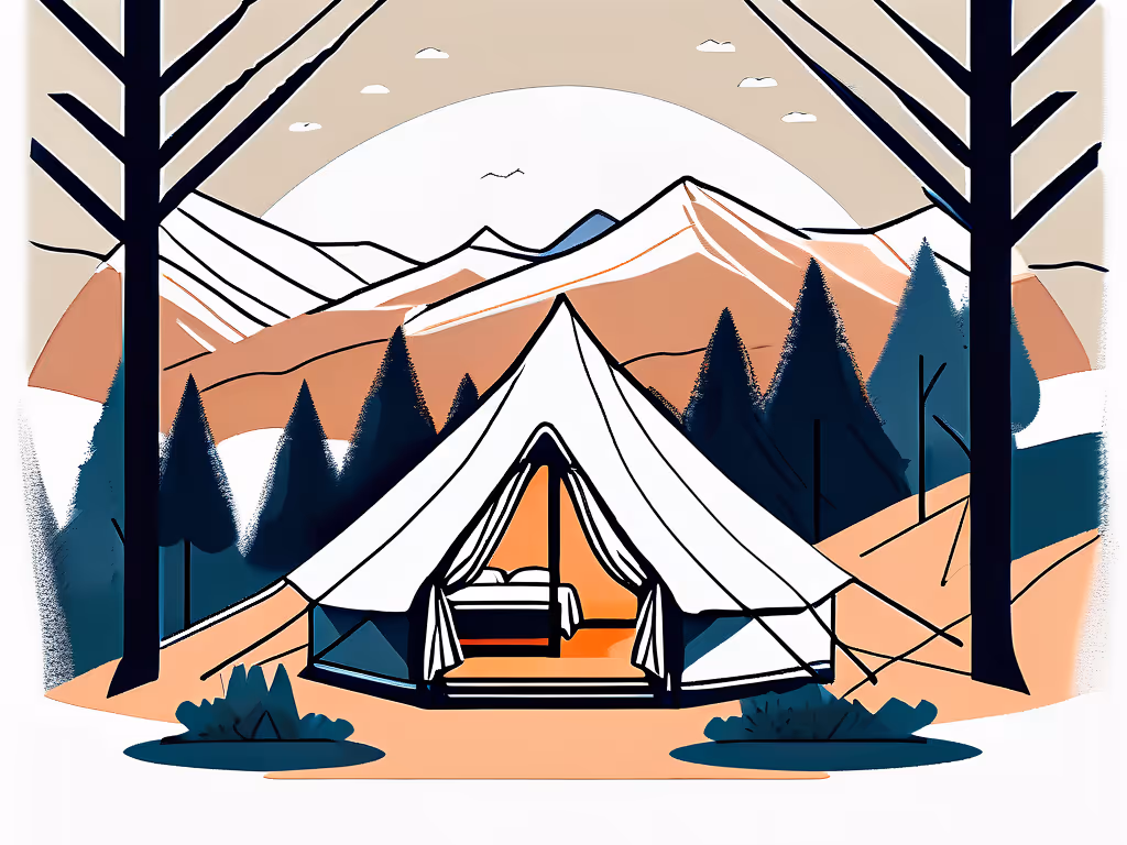 A tent sits open, revealing a bed inside, nestled among stylized trees and bushes. Surrounding are abstract mountains and a rising sun, creating a serene, artistic landscape.