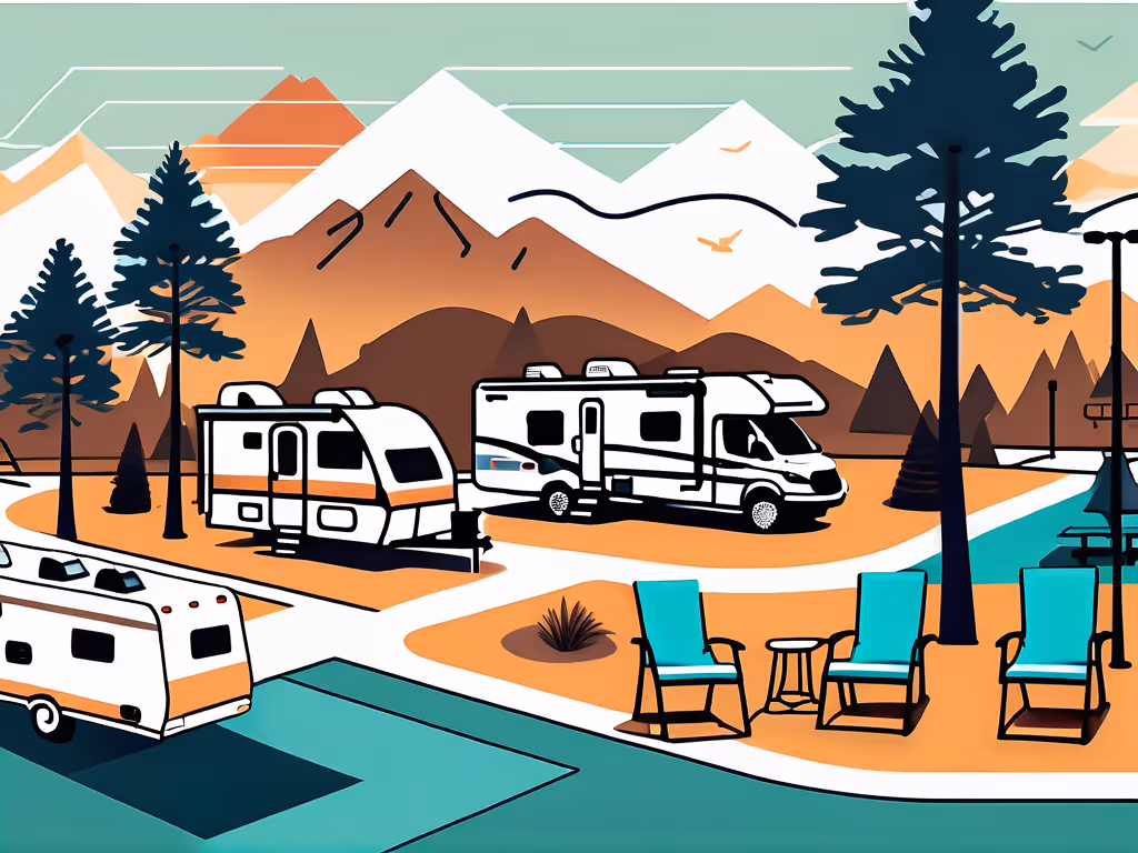 A vibrant RV resort with several travel trailers and motorhomes parked along paved sites, featuring a pool, outdoor seating, and a mountainous landscape.