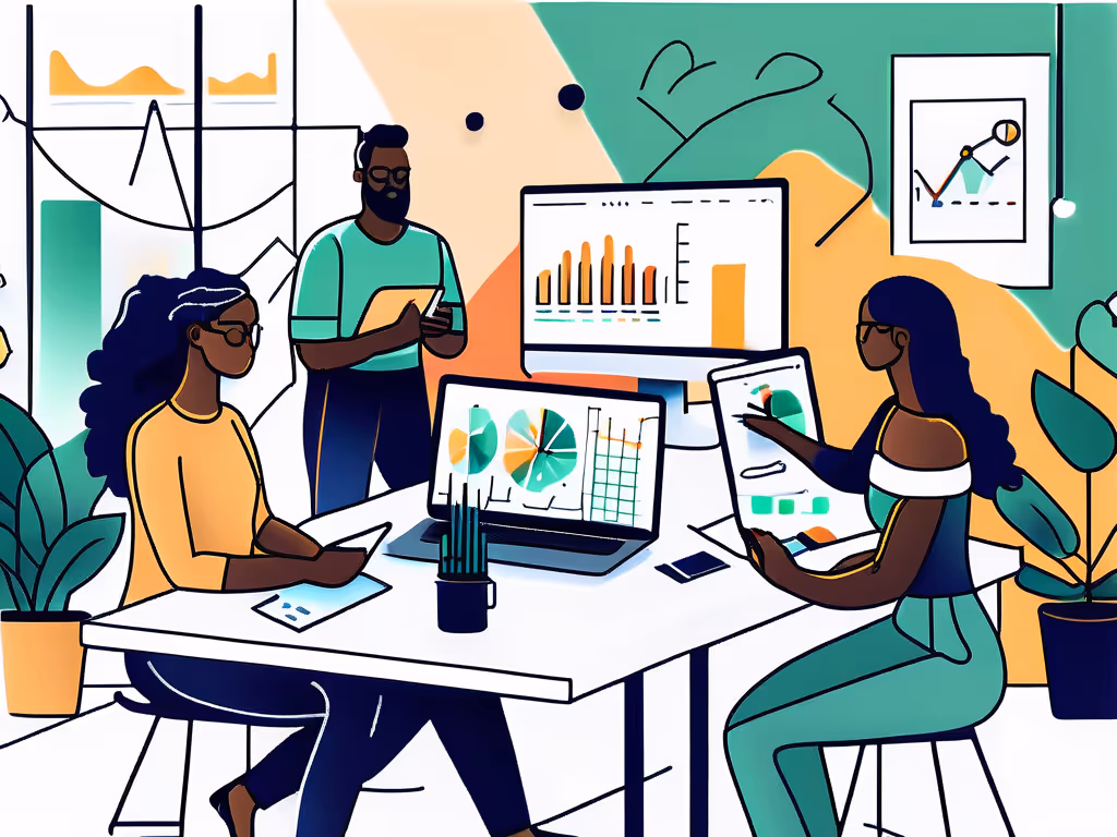 A diverse team of professionals in an office analyzing charts and graphs on multiple screens, collaborating on data-driven insights in a modern workspace.