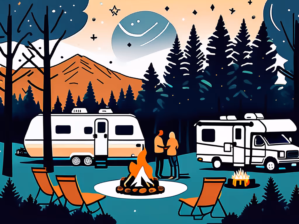 A scenic campsite with RVs, a campfire, and two people standing under a starry sky, with mountains and tall trees in the background.